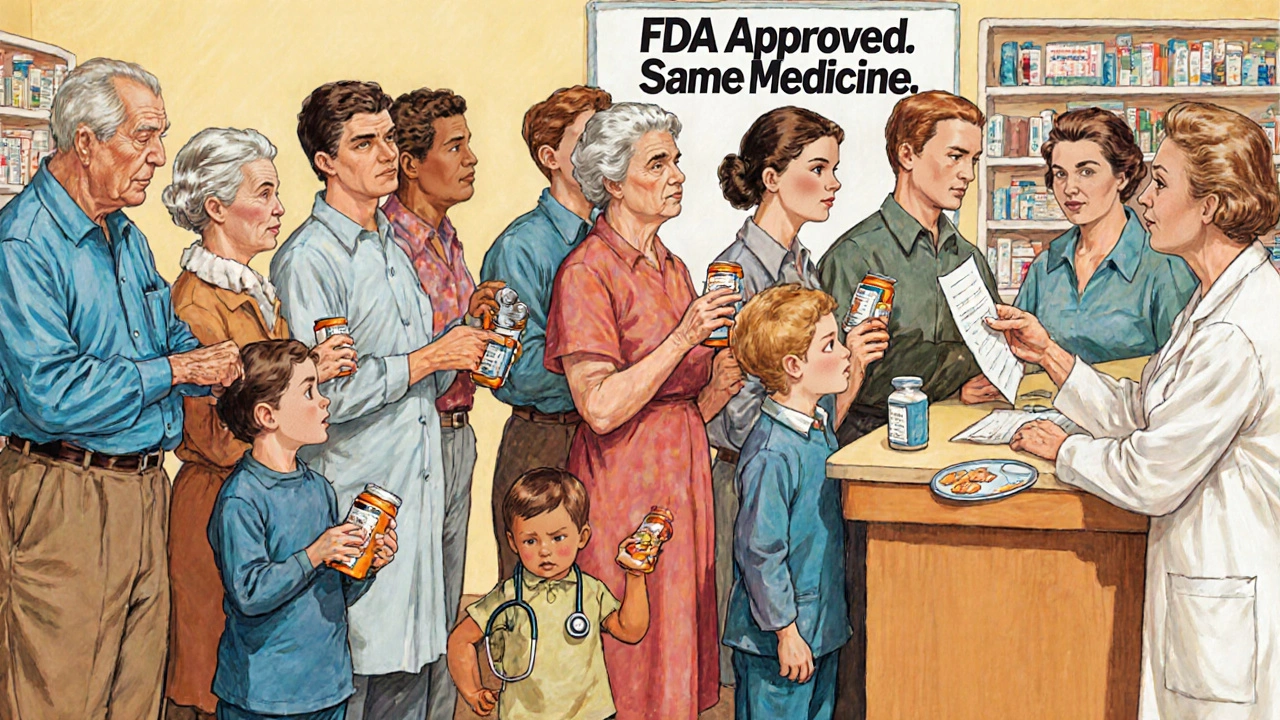 A pharmacist explains generics to a group of diverse patients in a pharmacy, with a poster confirming FDA approval.