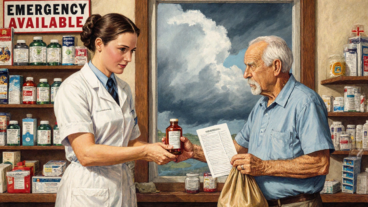 A pharmacist hands extra medication to a patient in a cozy pharmacy, with storm clouds visible outside.