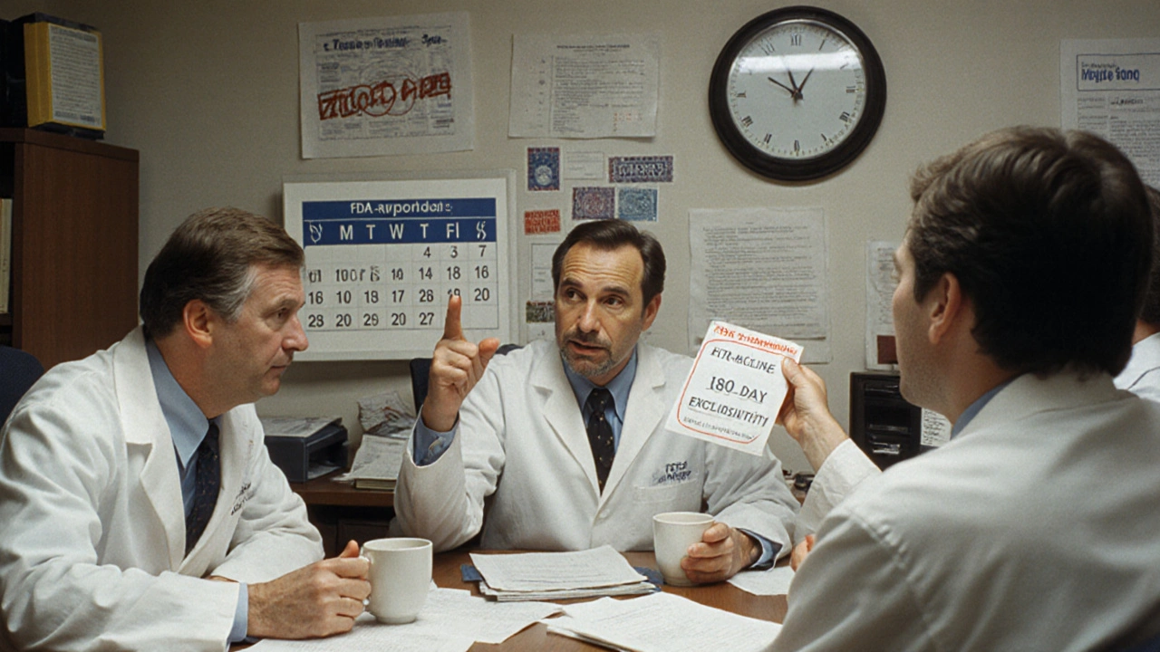 A team celebrates FDA approval of a generic drug with paperwork and coffee in a 1980s office.