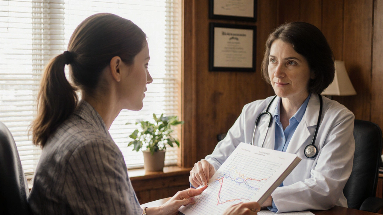 A woman and her doctor reviewing a hormone symptom chart in a warm, sunlit office.