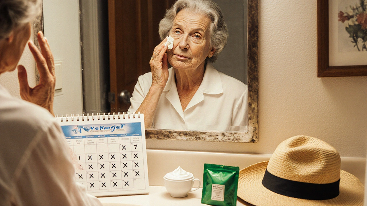 A woman applies Veregen cream in front of a mirror, with sun protection items nearby.