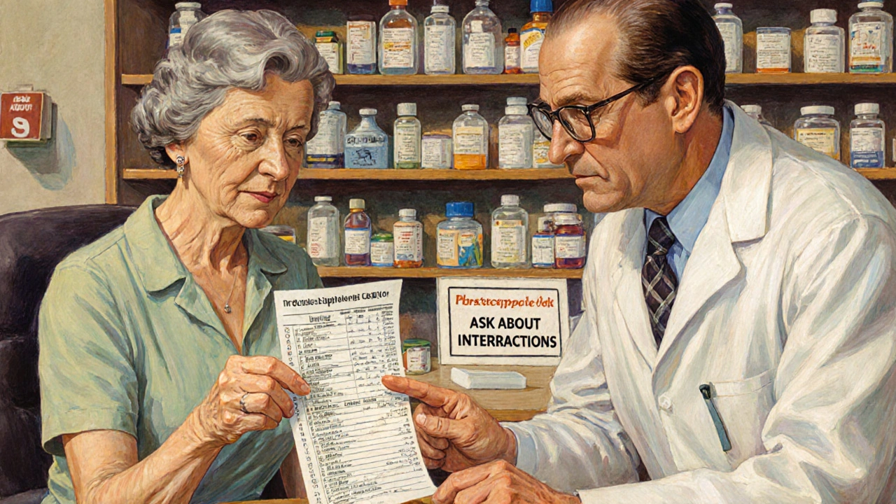 A woman at a pharmacy counter giving herbal supplements to a pharmacist who reviews an interaction chart.