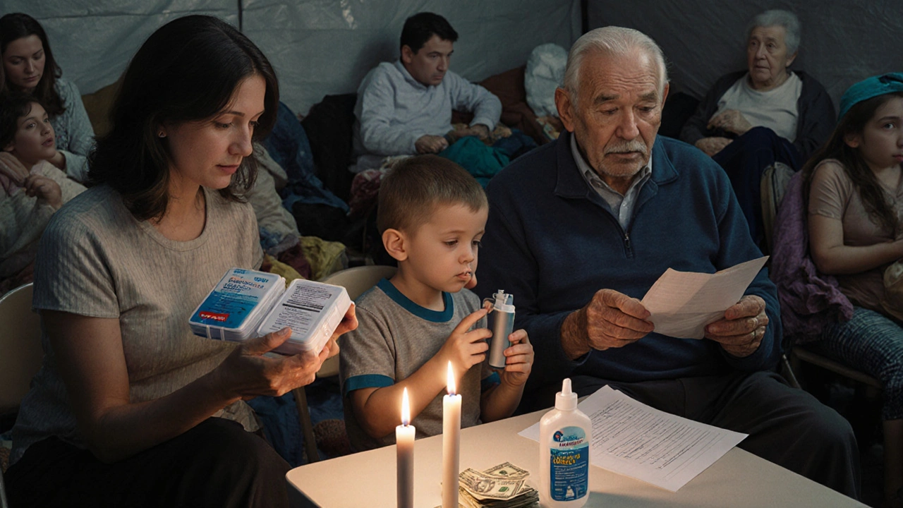 A woman checks insulin in a shelter at night, surrounded by others with medical supplies under candlelight.