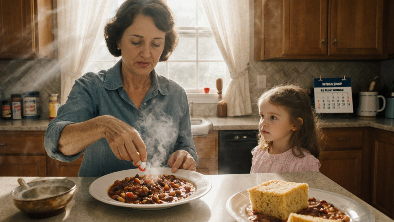 A woman placing enzyme tablets on her plate before eating chili with beans and cornbread.