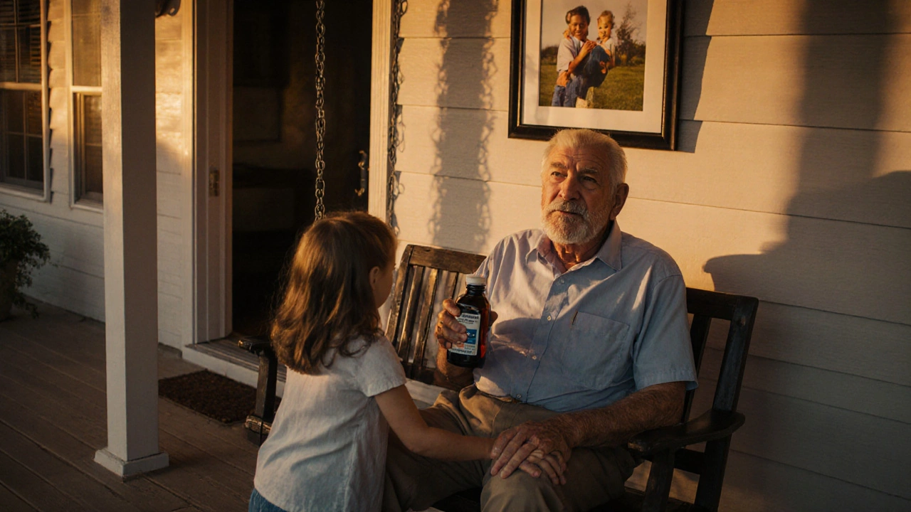 An elderly man with muscle pain sitting on a porch as his granddaughter reaches for a hug.