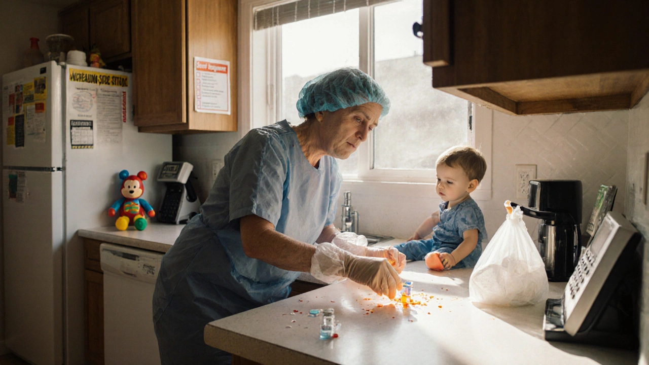 Caregiver cleaning chemotherapy spill at home with safety checklist and child’s toys stored safely away.