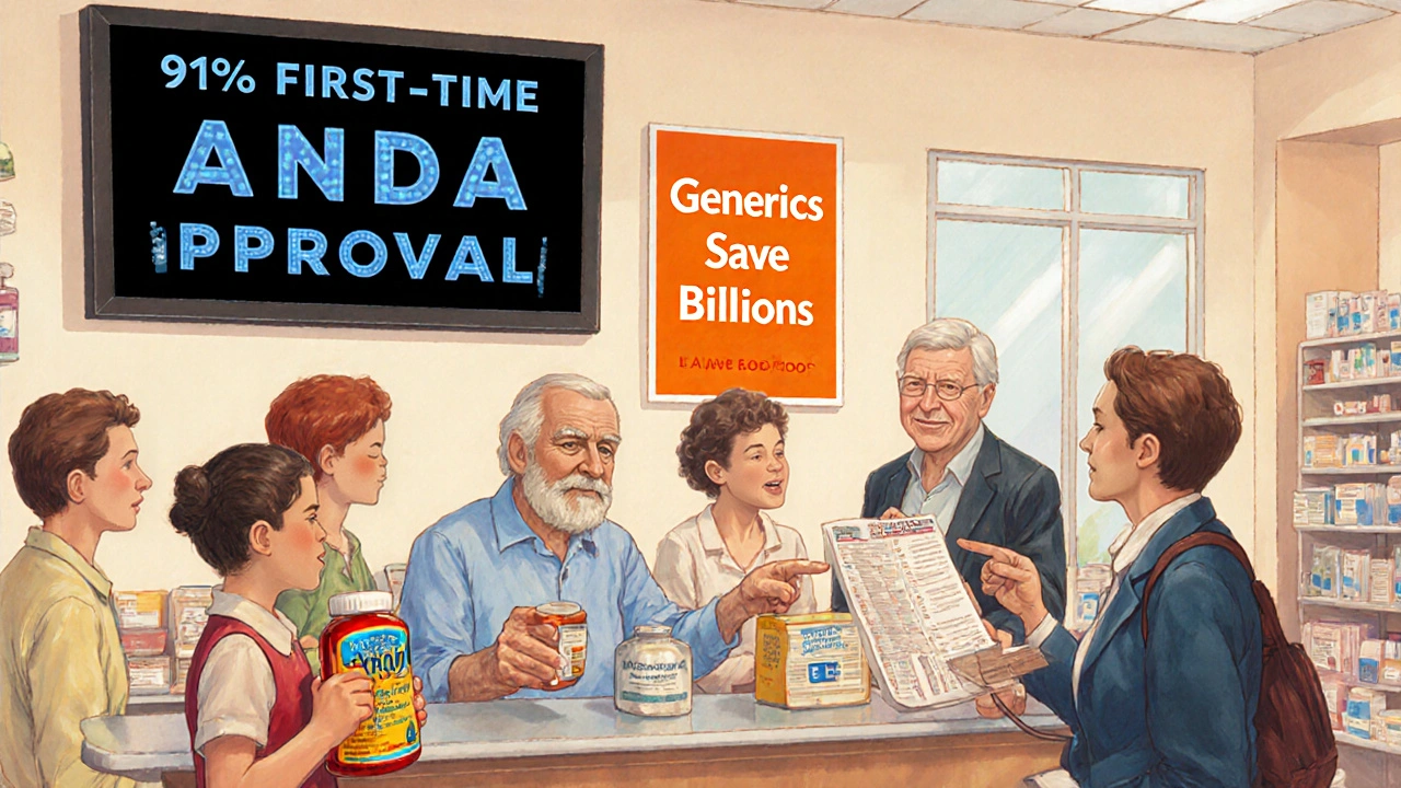 Diverse customers receiving generic medications at a pharmacy, with a screen showing approval rates and a pharmacist smiling.