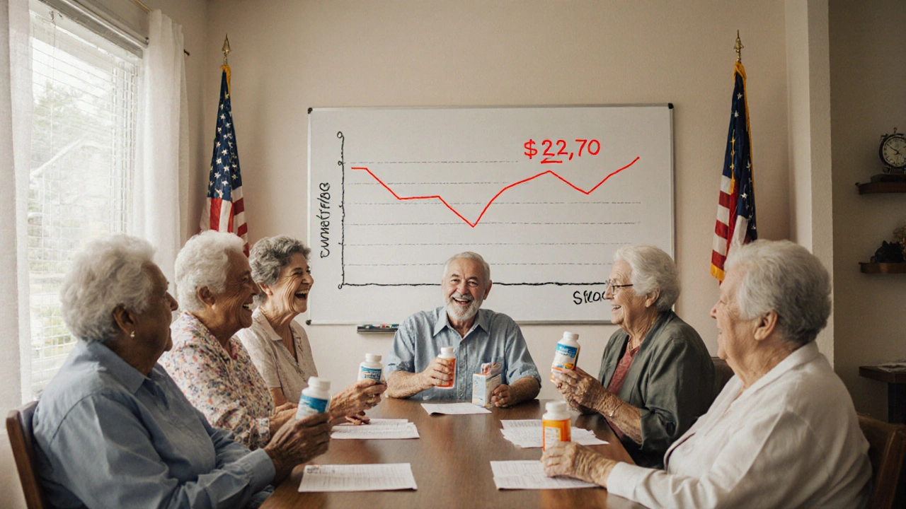 Diverse seniors celebrating low drug prices with a chart showing dramatic cost reductions.