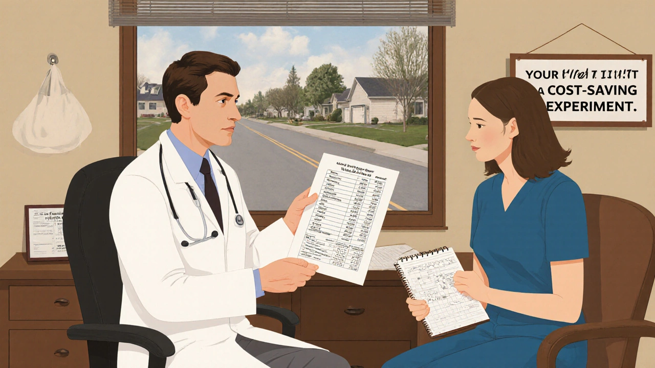 Doctor reviewing lab results with patient after generic switch, holding symptom journal.