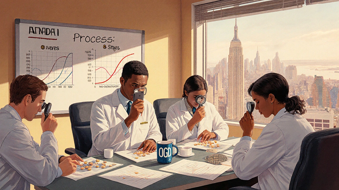 FDA scientists reviewing drug samples in a lab, surrounded by charts and a whiteboard with ANDA process notes.