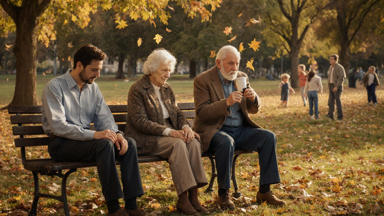 People in a park practicing bladder retraining techniques like Kegels and timed voiding.