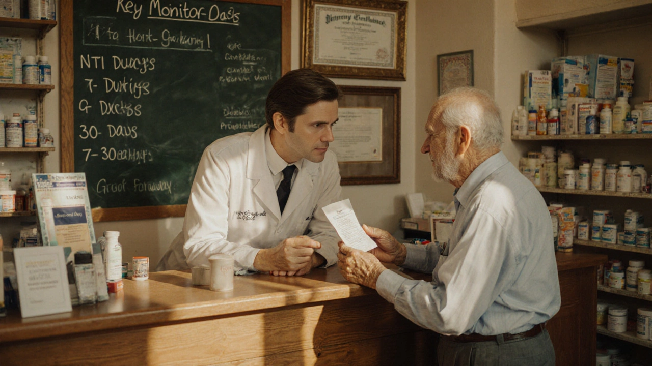 Pharmacist advising elderly patient about generic switch with monitoring dates on chalkboard.