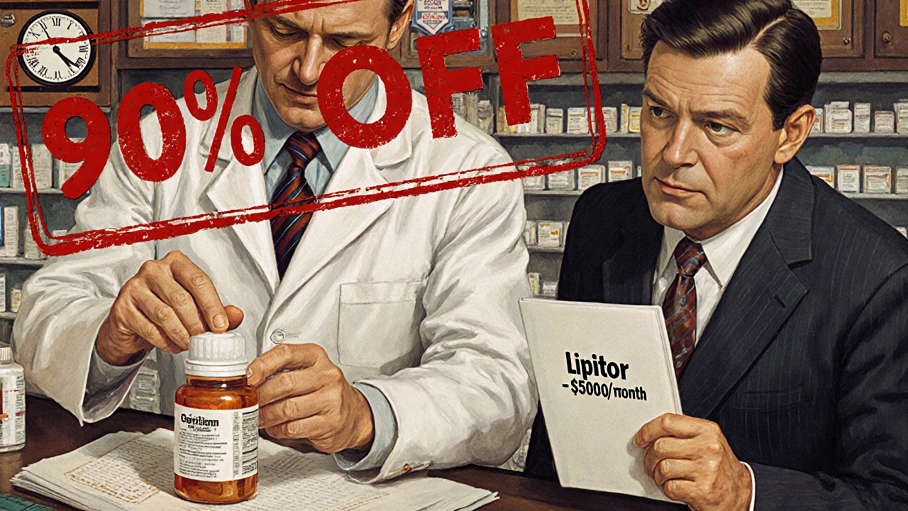 Pharmacist hands generic drug to customer as brand rep looks on in frustration.