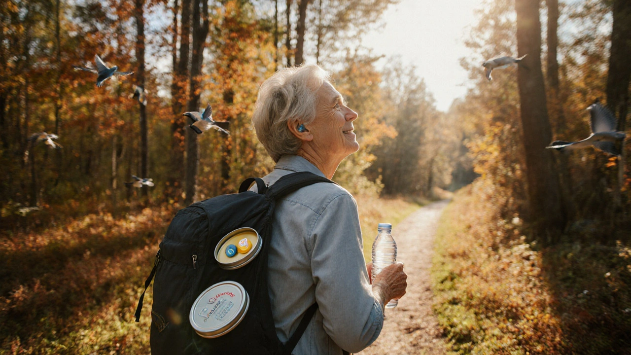 Woman hiking with hearing aids and both rechargeable charger and disposable batteries in her backpack.