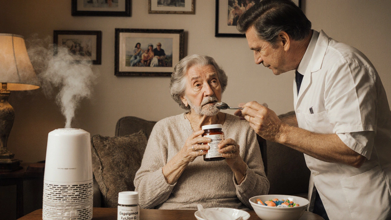 Woman with dry mouth receiving dental care, humidifier nearby, prescription bottle visible in cozy living room.