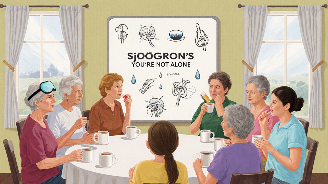 Women in a Sjögren’s support group sharing stories, one applying lip balm, warm community atmosphere.