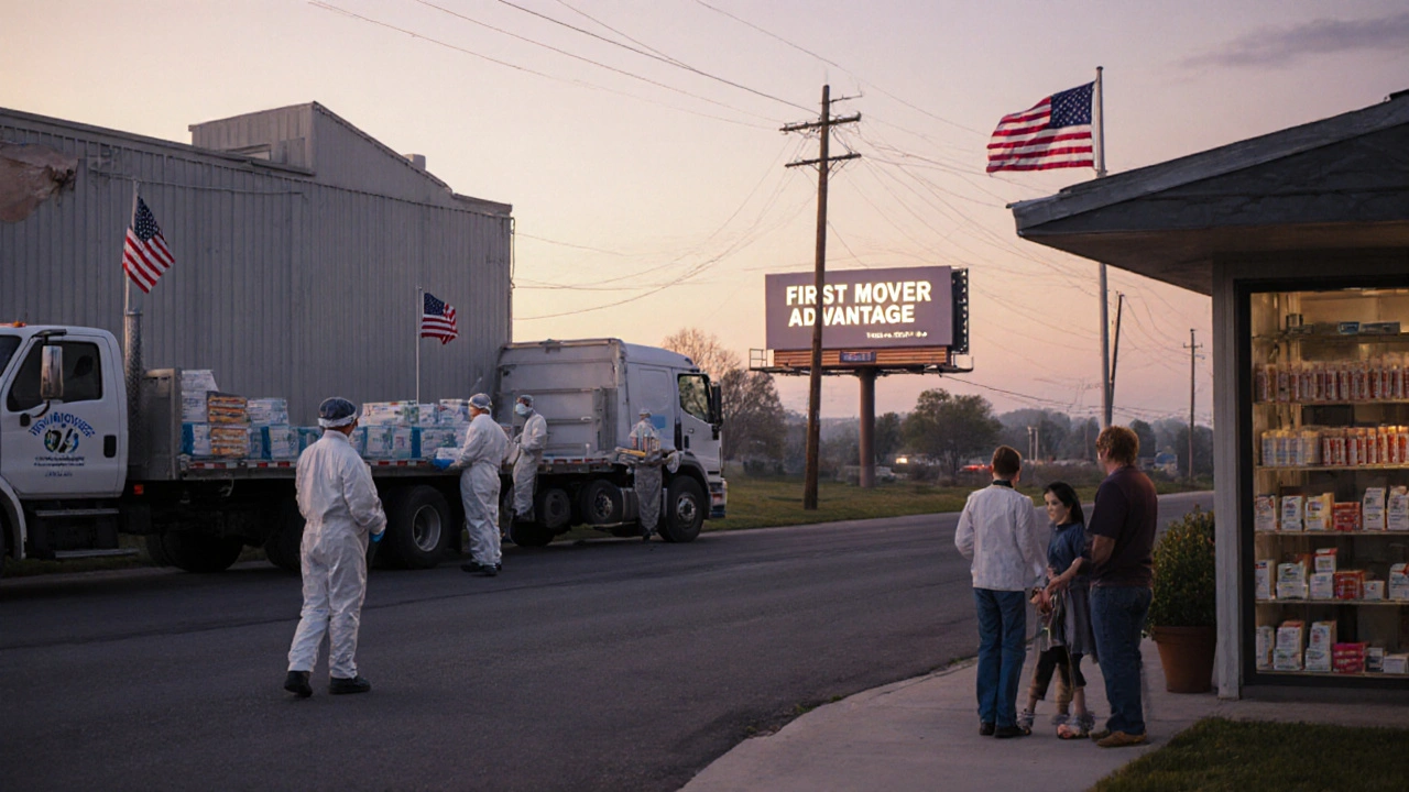 Workers load generic injectables onto a truck at dawn, with a pharmacy in the distance.