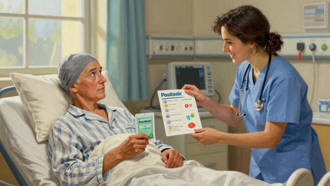 A cancer patient receives a safe postbiotic from a nurse, sunlight brightening the hospital room.