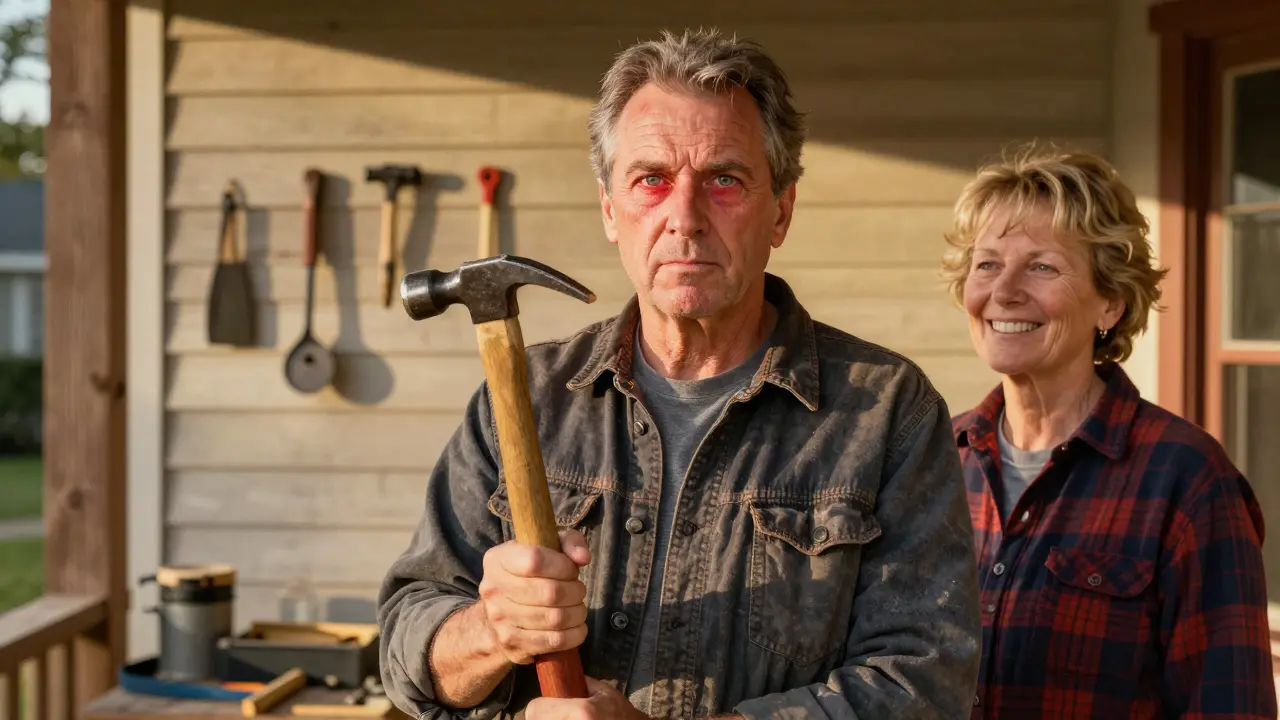 A carpenter confidently holding a hammer, eyes aligned after strabismus surgery, with his wife smiling beside him on a porch.