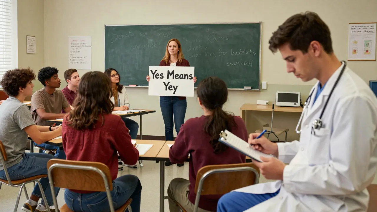 A college campus scene contrasting a consent workshop with a medical student reviewing a chart, showing two different types of consent.