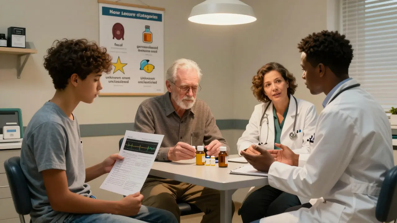 A diverse group of patients and a doctor discuss epilepsy diagnosis in a cozy office, with a poster showing simplified seizure categories.