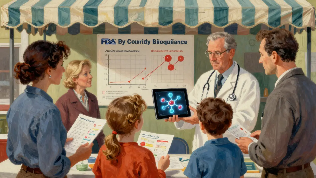 A diverse group of people gathers around a pharmacist using an AR tablet to show a 3D drug molecule at a community health fair.