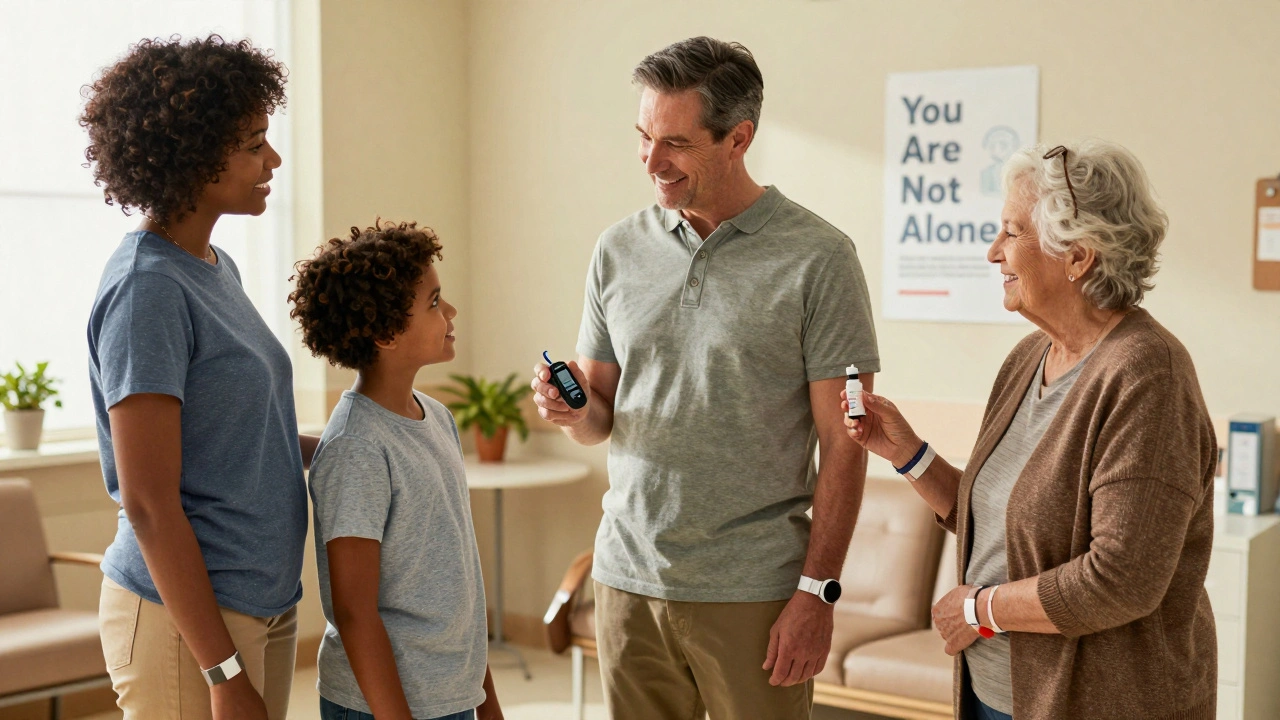 A diverse group of people with type 1 diabetes sit together in a clinic, smiling with quiet solidarity under warm light.