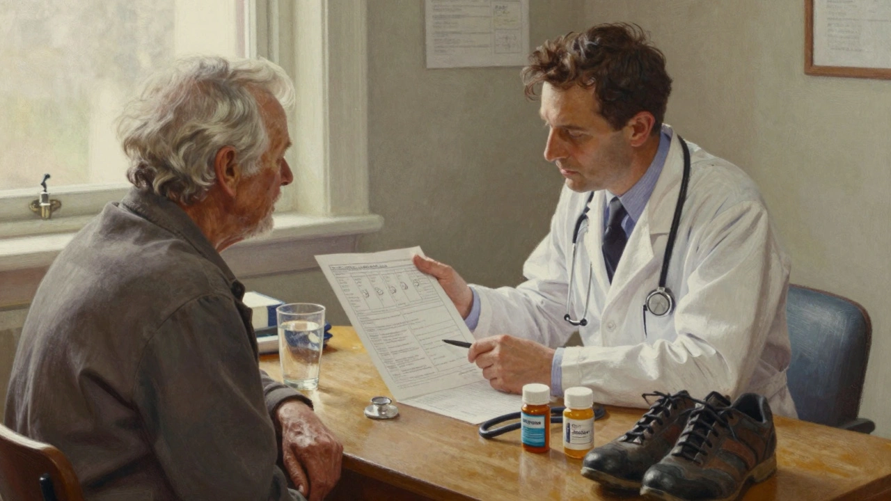 A doctor and patient review kidney health charts together in a warm clinic setting.