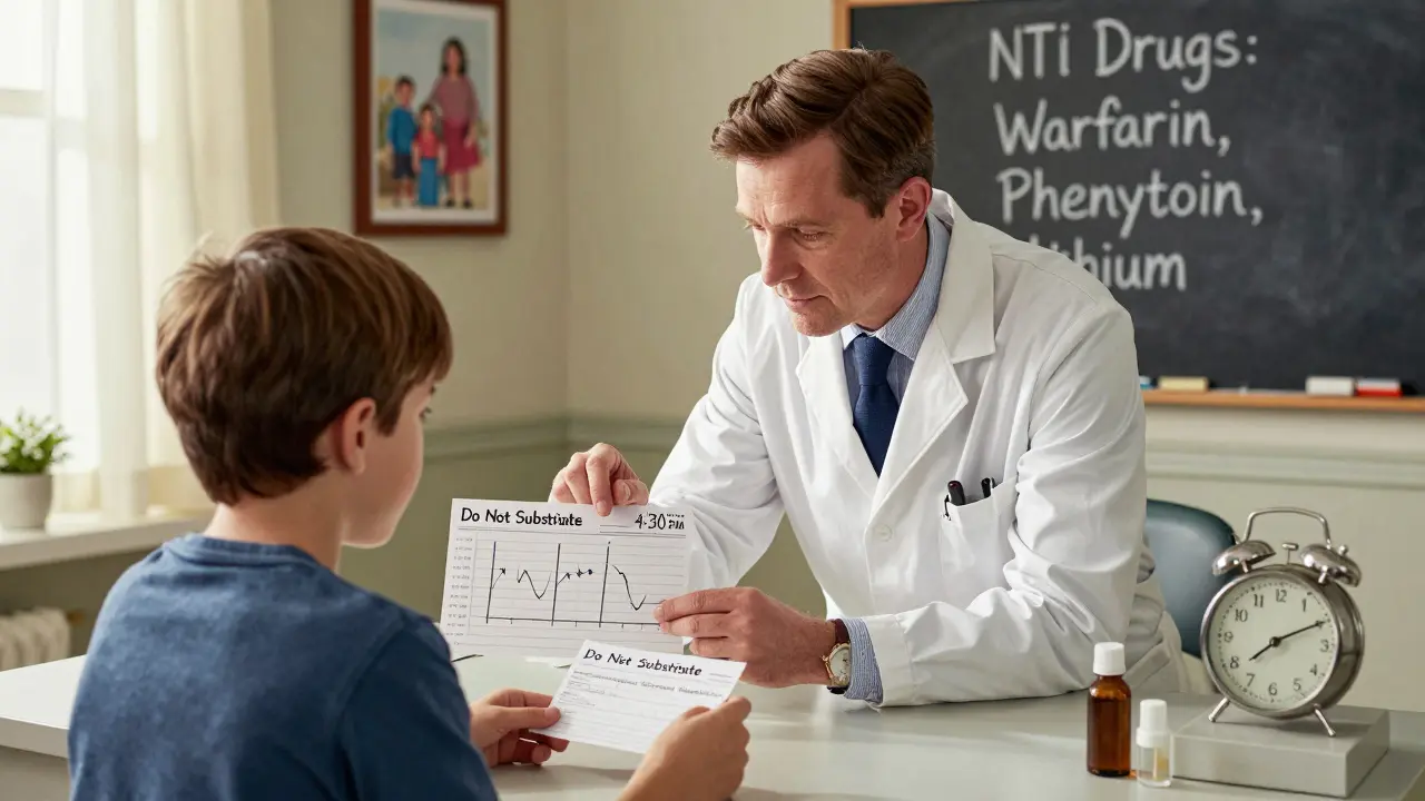 A doctor explains fluctuating blood levels to a patient after a generic drug switch, with a 'Do Not Substitute' prescription on the desk.
