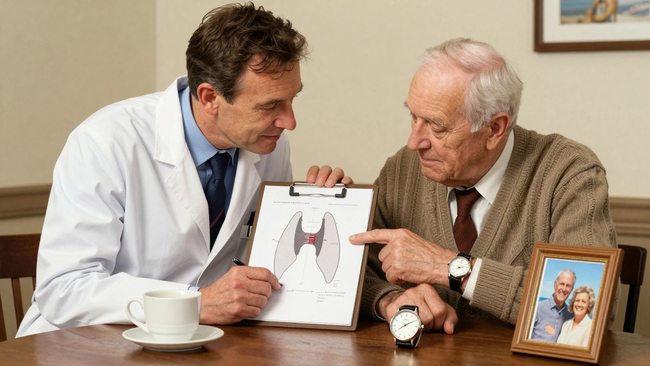A doctor explains thyroid treatment to an elderly patient, contrasting a fast-beating watch with a steady one, showing beta-blocker effects.
