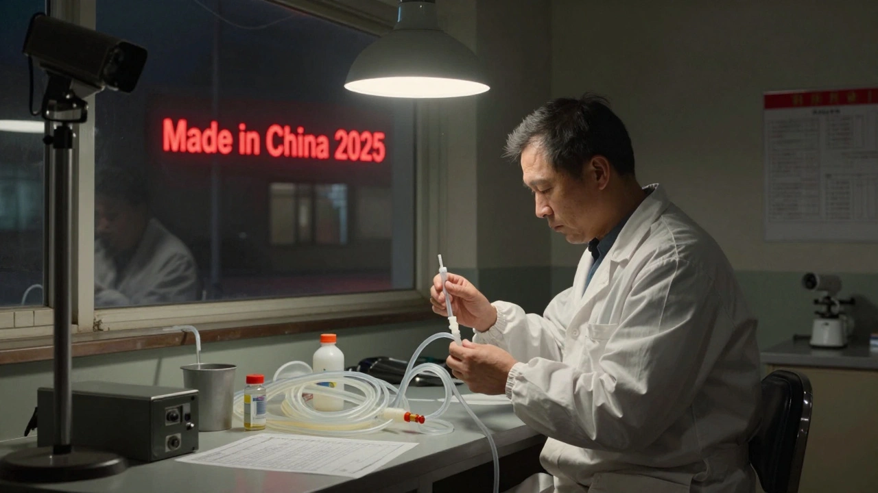 A factory worker secretly swaps medical-grade tubing for cheaper plastic at night, under flickering lights, with a &#039;Made in China 2025&#039; sign visible outside.