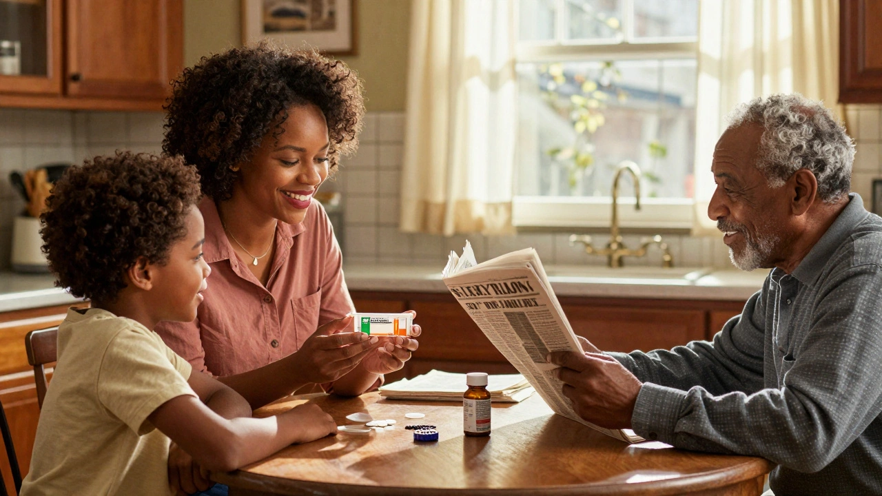 A family at home celebrating affordable generic medication, with a  prescription and newspaper about drug savings.