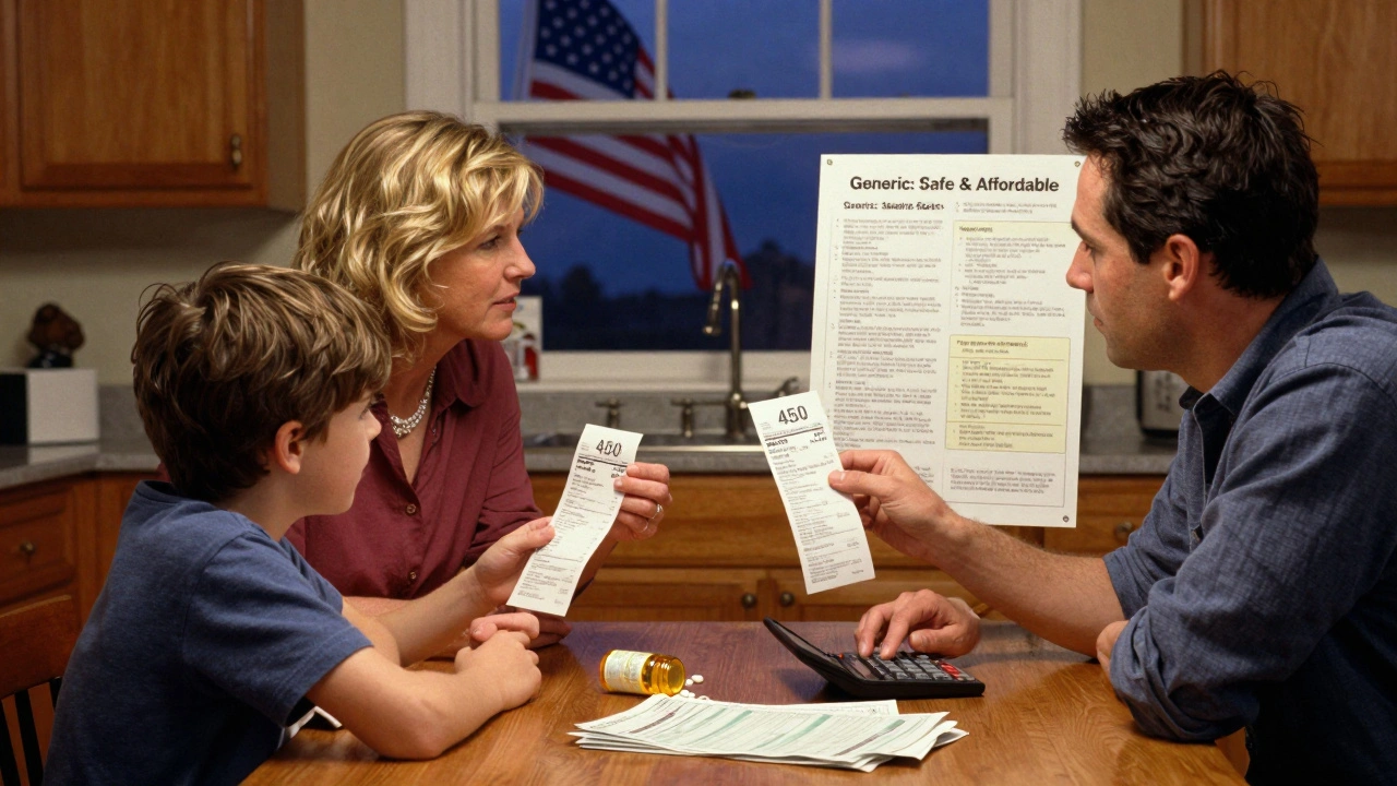 A family sits at a kitchen table with a high medical bill, an empty pill bottle, and a child looking at a poster about generic drugs.