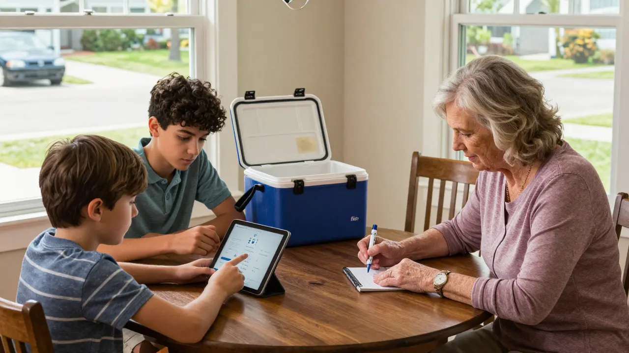 A grandmother marking an insulin pen with a permanent marker while a teen sets a phone reminder at the dining table.