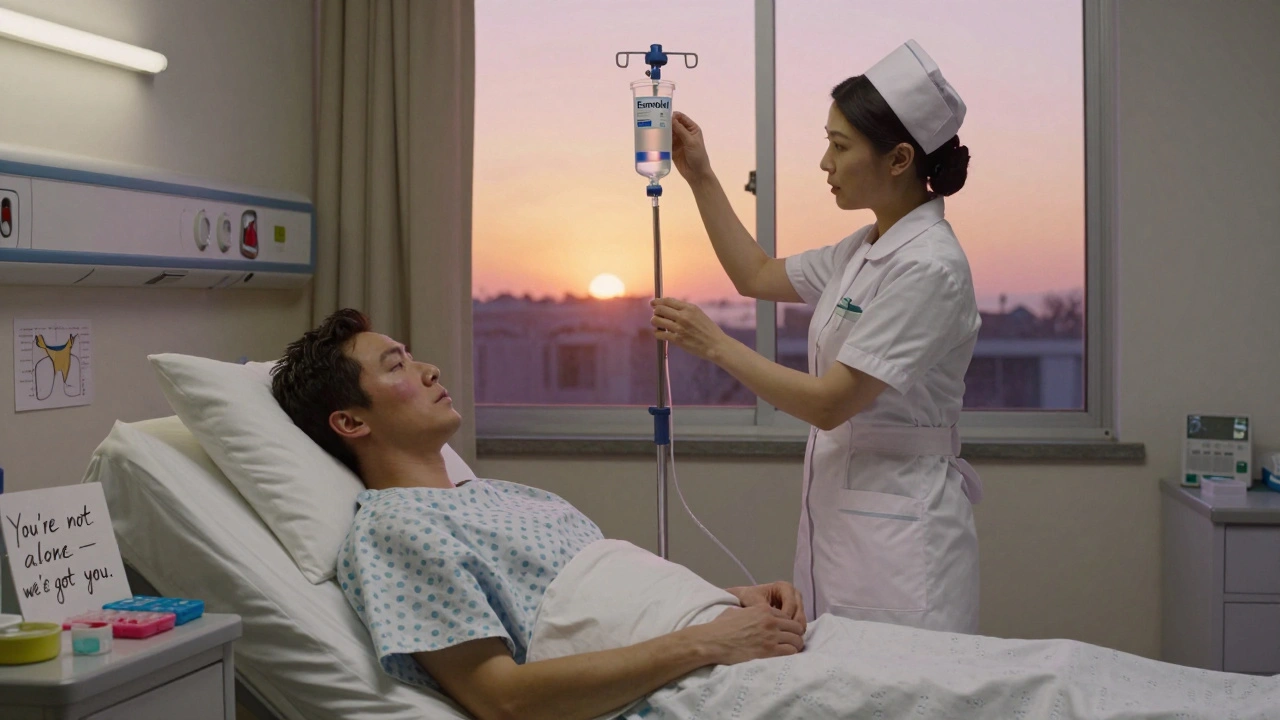 A nurse administers IV esmolol at dawn, patient calmer, with thyroid diagram and note on bedside table, conveying compassionate care.