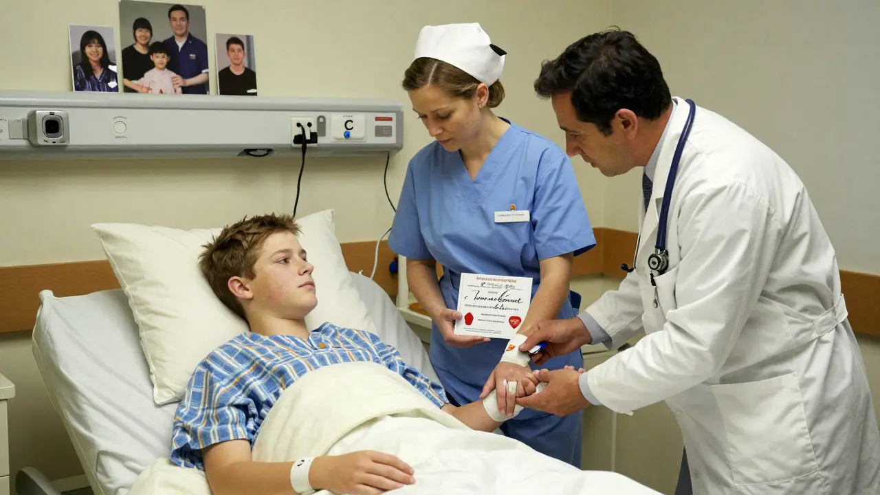 A nurse comforting an unconscious teen in the ER, with a family photo and donor card nearby, symbolizing substituted judgment without verbal consent.