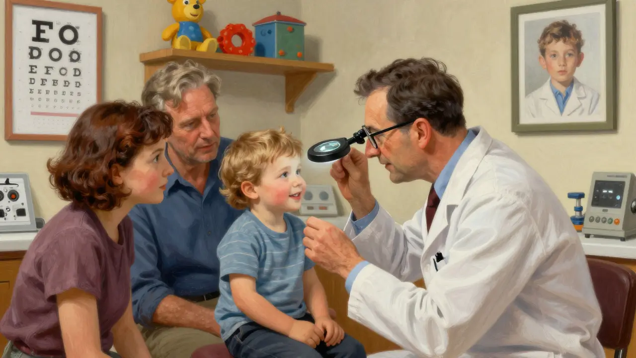 A pediatric ophthalmologist examining a toddler in a cozy clinic, parents watching with hopeful expressions.