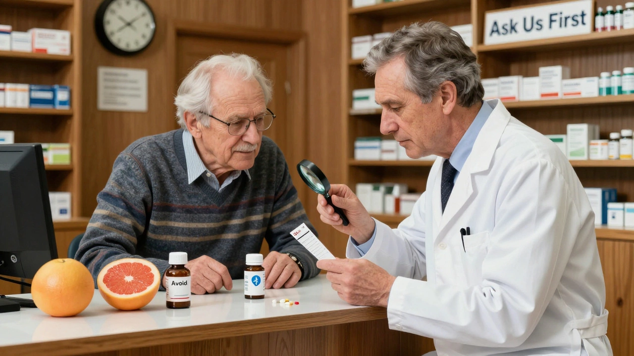 A pharmacist and patient reviewing chemotherapy labels with warnings about grapefruit and supplements.