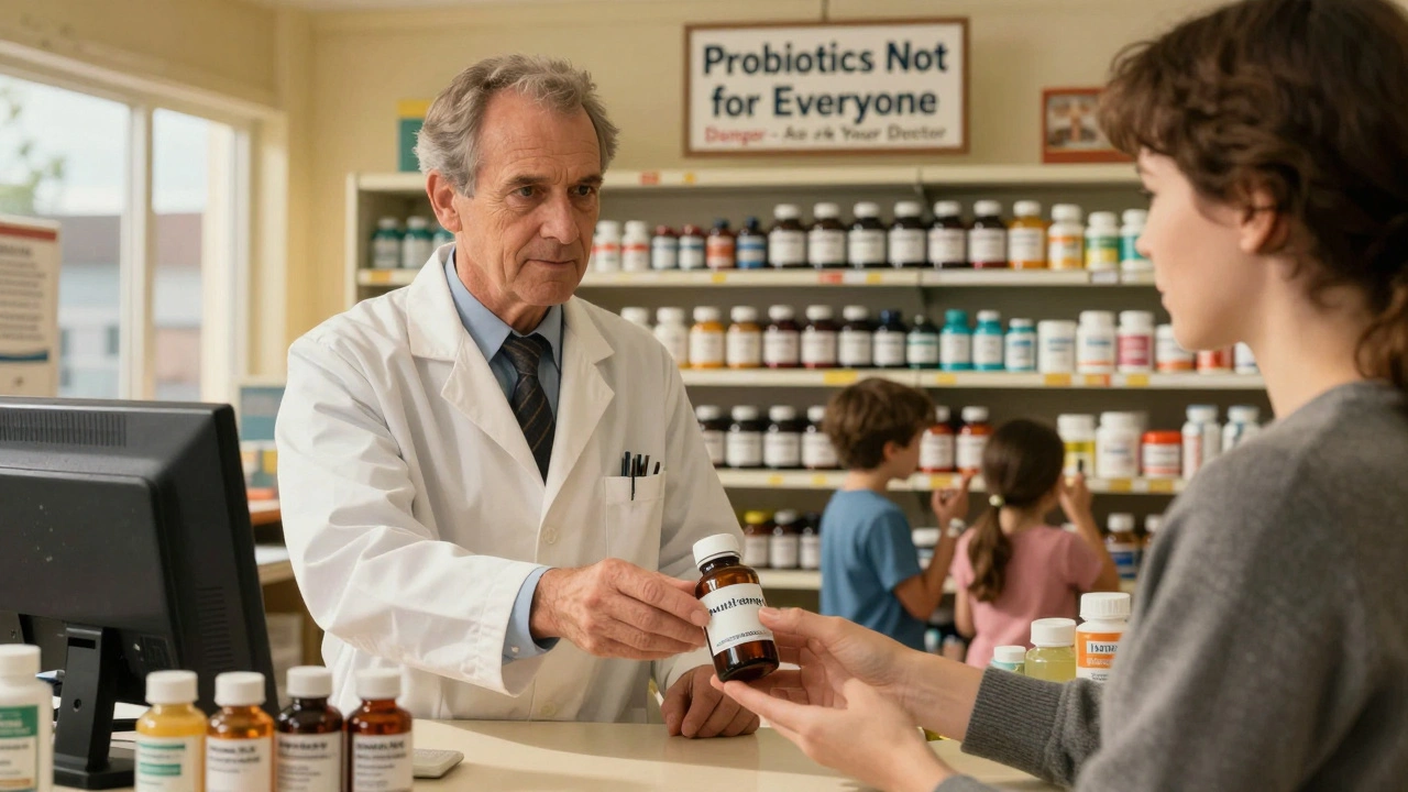 A pharmacist hands a single-strain probiotic with a warning label, while dangerous multi-strain bottles line the shelves.