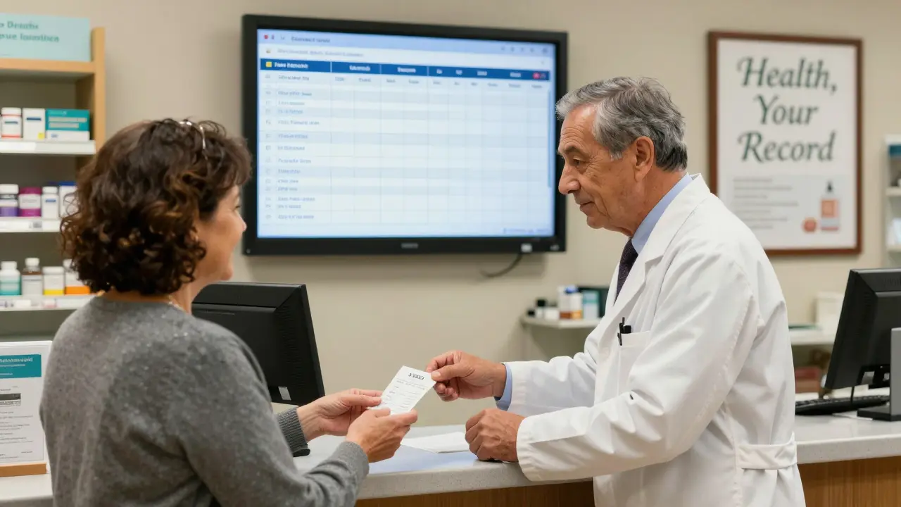 A pharmacist helping a patient update her personal health record with over-the-counter supplements at a pharmacy.