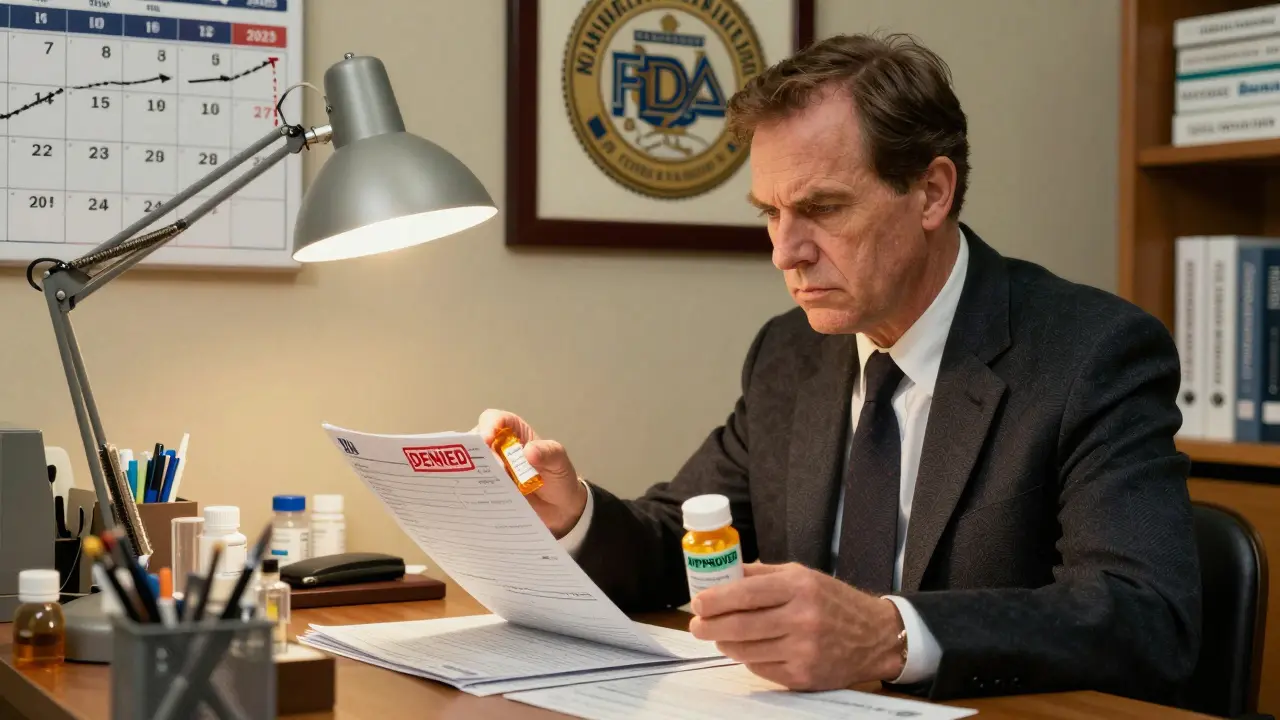 A pharmacy manager approves generic prescriptions with a stamped denial on a brand-name bottle.