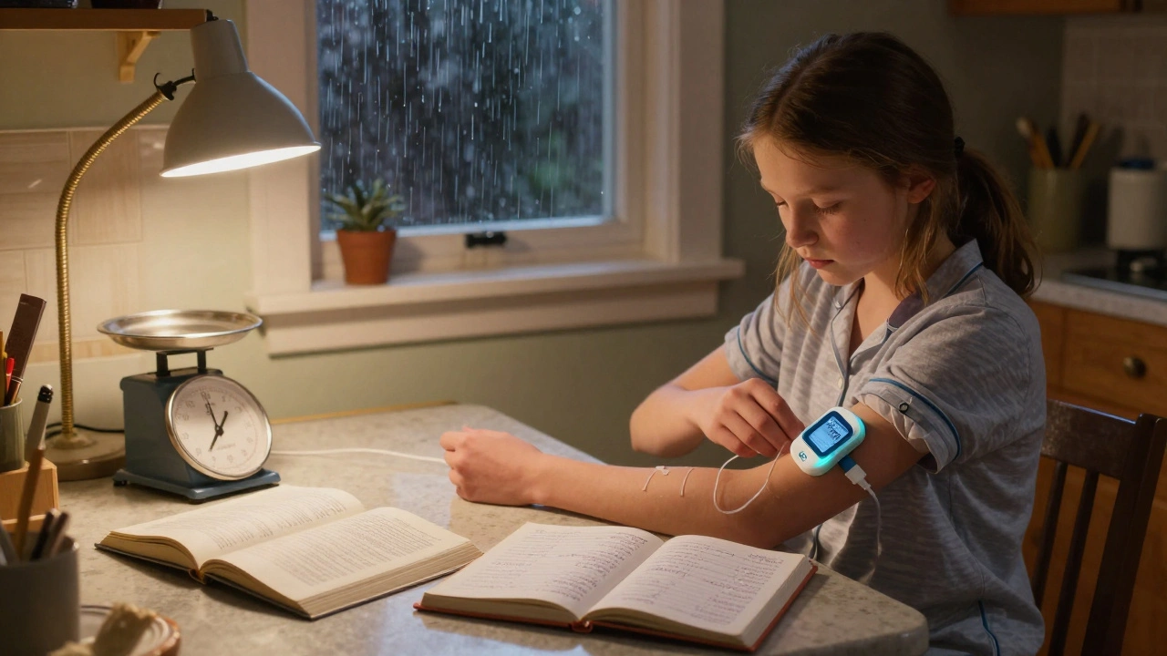 A teenage girl adjusts her insulin pump at night, surrounded by carb-counting tools and a glowing glucose monitor.