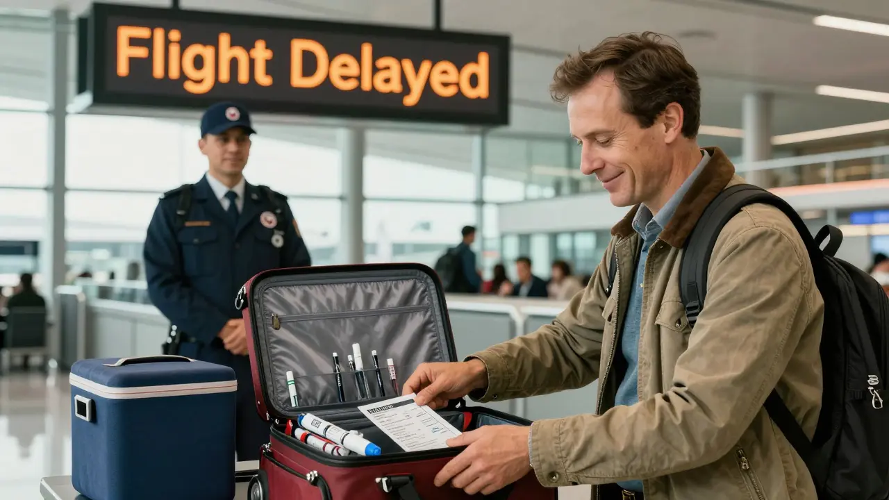 A traveler in an airport with insulin and cooling case in carry-on, greeted by a smiling TSA agent.