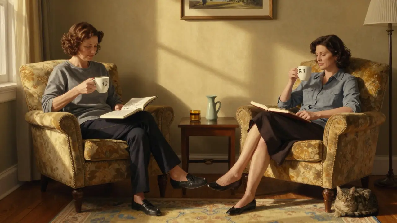 A woman paces gently in her living room, resting after a small task, with a journal tracking her energy.