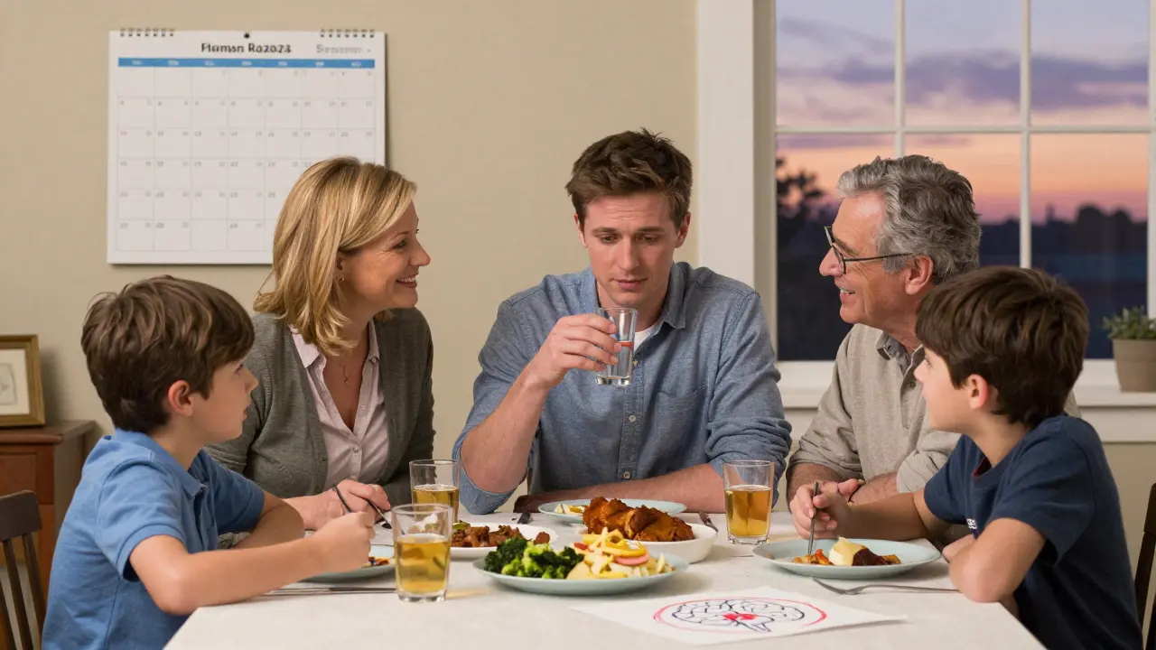 A young adult takes epilepsy medication at dinner, surrounded by a supportive family, with a calendar marking seizure logs and a child’s drawing of a shielded brain.