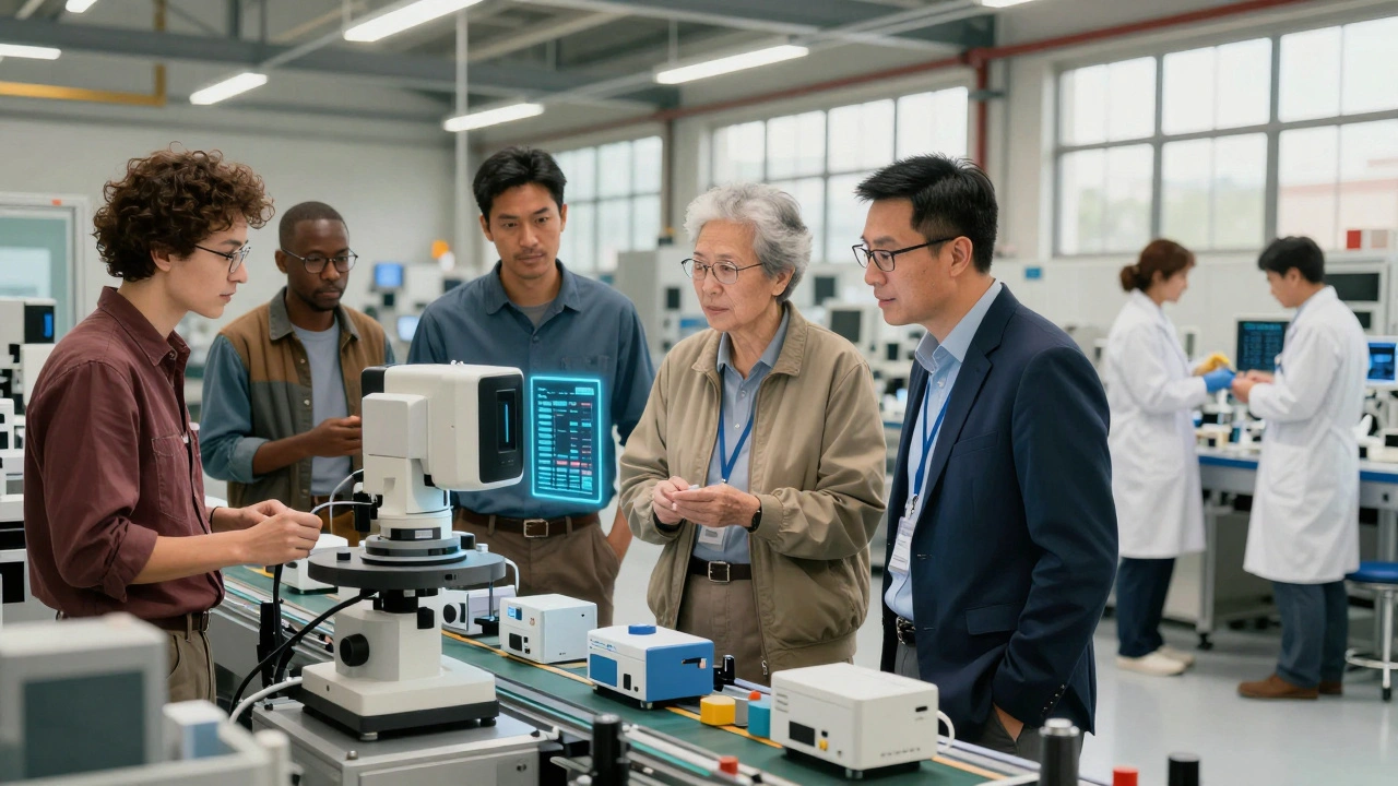 American and Chinese quality team members watch AI inspect medical devices, with blockchain data glowing and lab techs collecting samples in bright daylight.