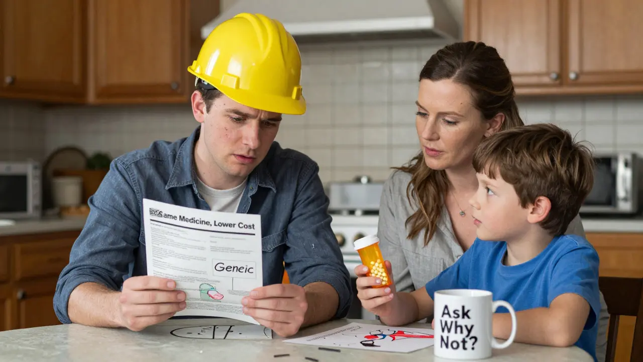 An injured worker and family read about generic drugs at home, with a child drawing a superhero pill.