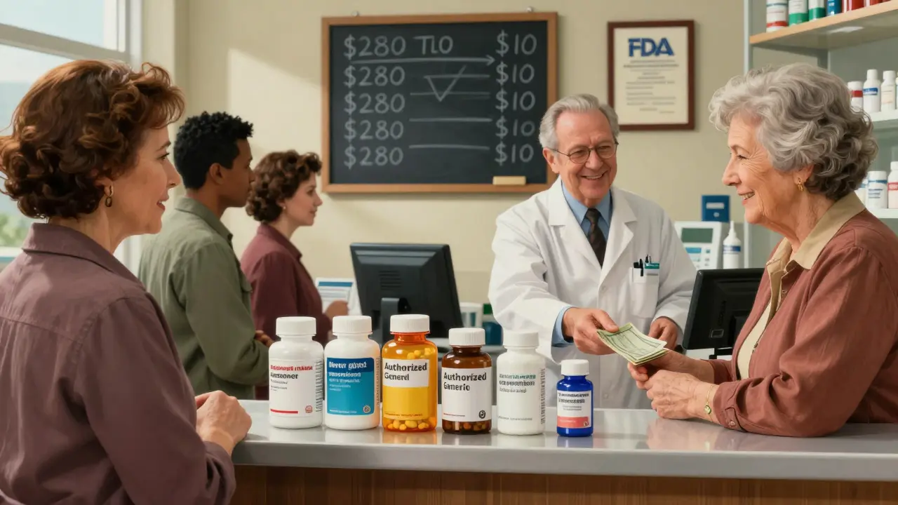 Customers receive multiple generic pills at a pharmacy, with prices dropping dramatically on a chalkboard.