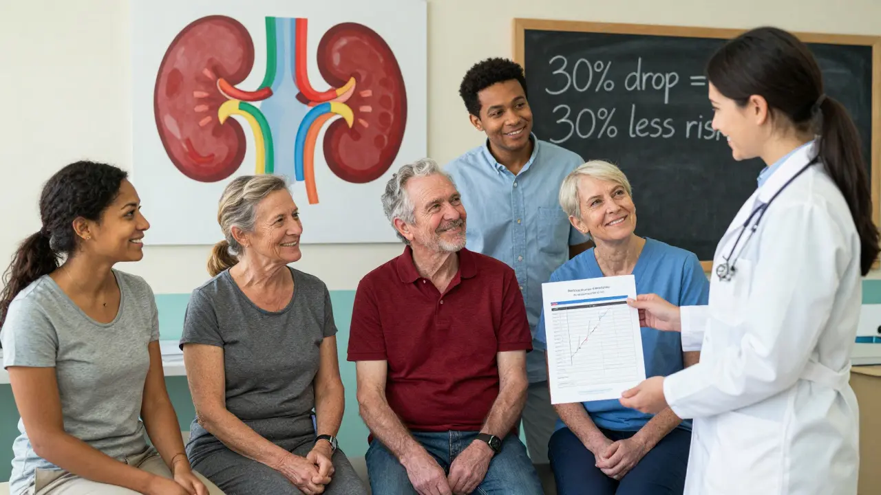 Diverse patients celebrating improved kidney health at a community clinic.