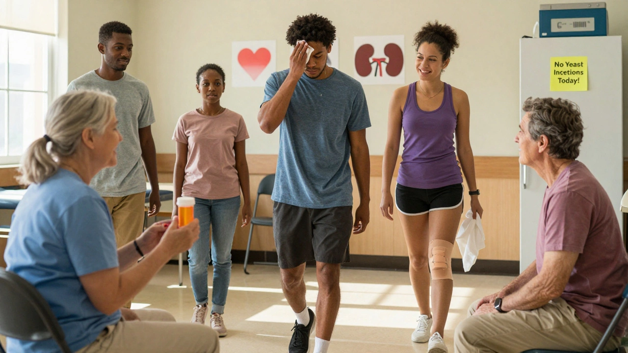 Diverse patients in a community center, each showing signs of managing diabetes with hope and care.